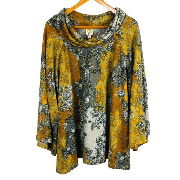 Fig & Flower Cowl Neck Patterned Tunic Top Sz 3X Multicolored Floral Wide Sleeve - Picture 1 of 10